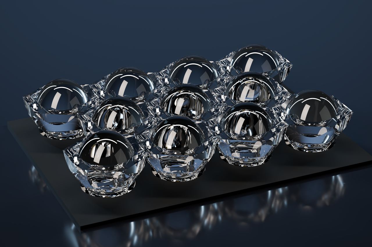 3D render of a module of lenses computed by RayMapr, on its LED board.