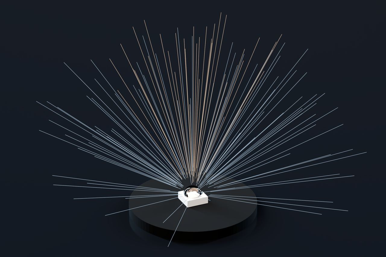 3D render of a lit LED on its board, with no optics: its rays leave in every direction.
