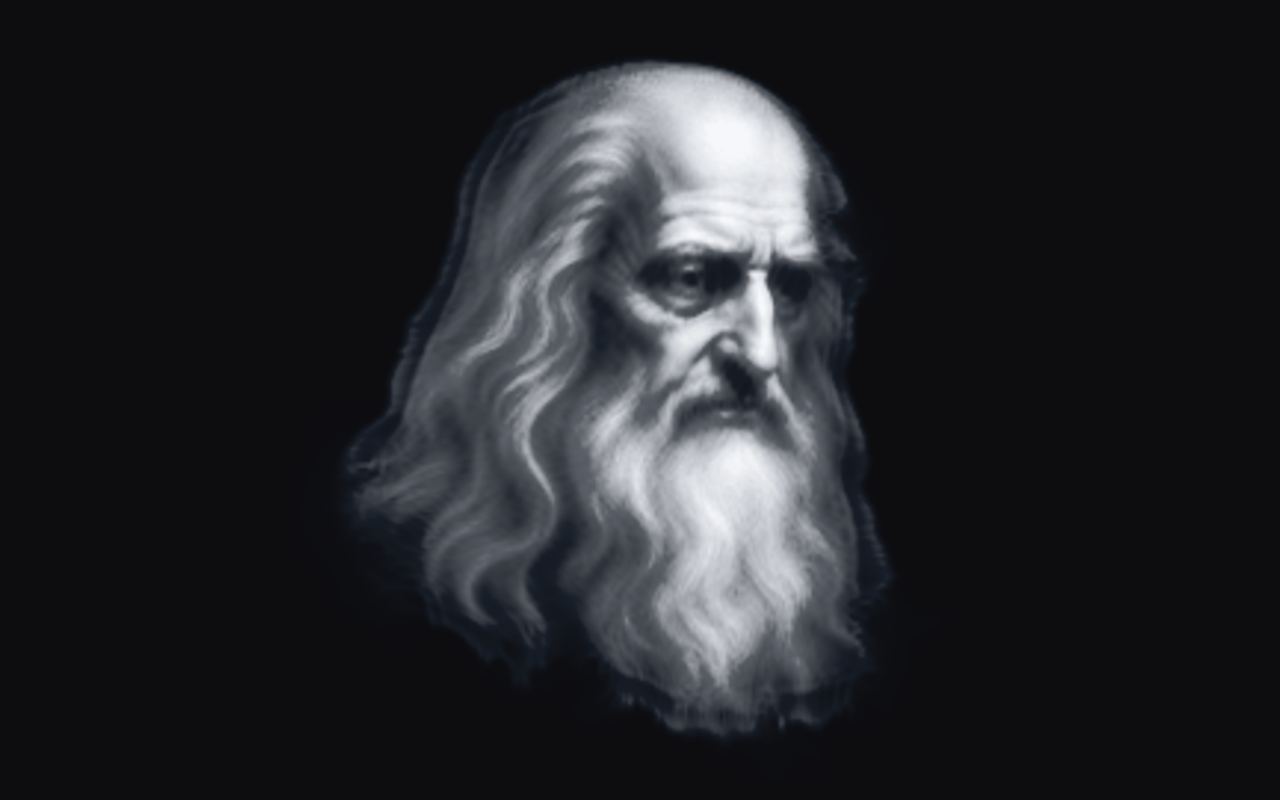 Self-portrait of Leonardo da Vinci in shades of grey, formed by light on a wall.
