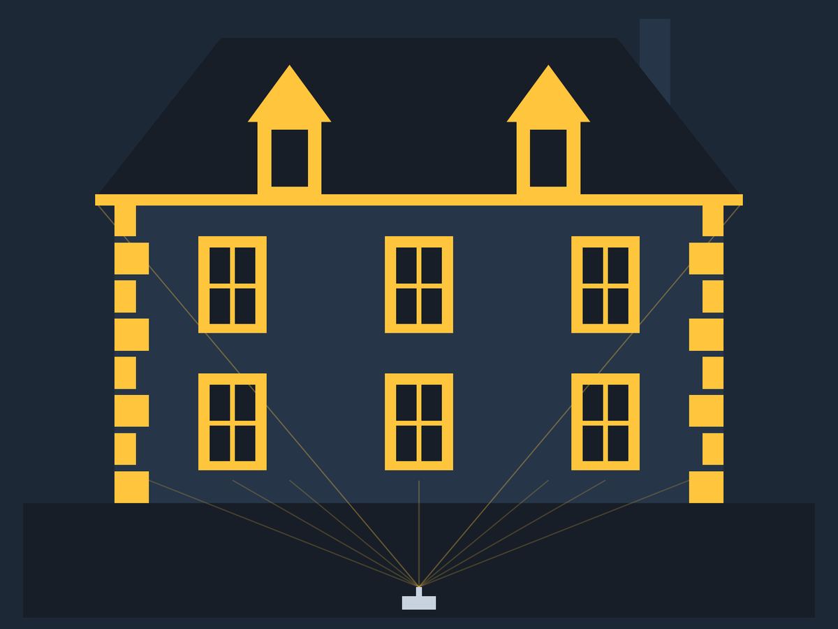 Diagram: the same projector, fitted with a computed optic, lights only the stones of the facade.