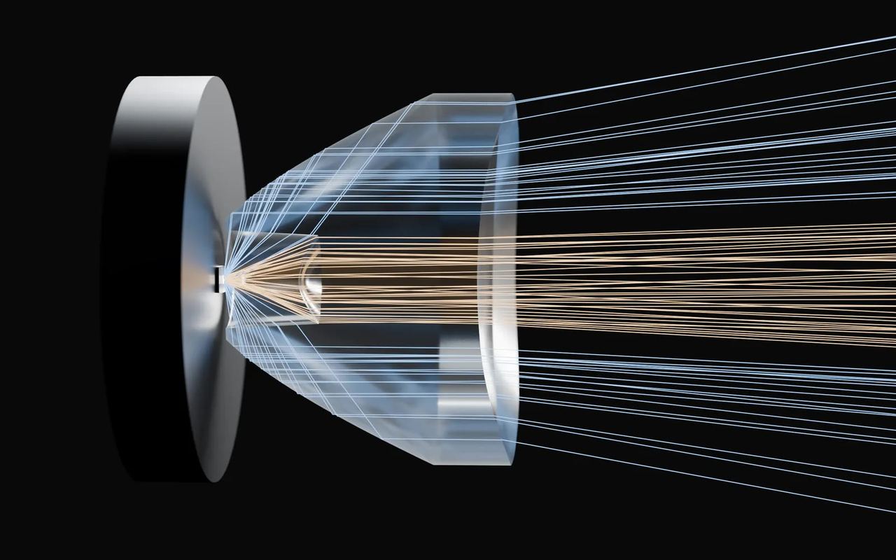 Cross-section of a TIR lens on its LED: the central rays are refracted, the edge rays are reflected by the flank, and all leave parallel.
