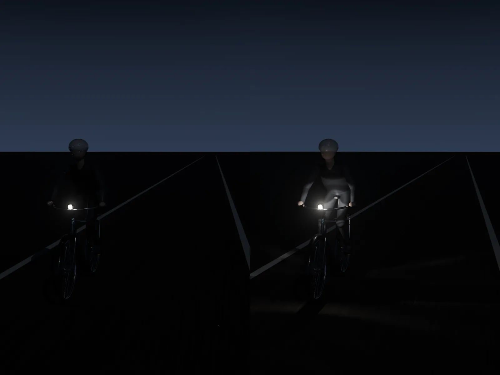 Deux vues d’un cycliste qui arrive en face, phare allumé : d’abord une lampe ronde éblouissante, puis le phare RayMapr.
